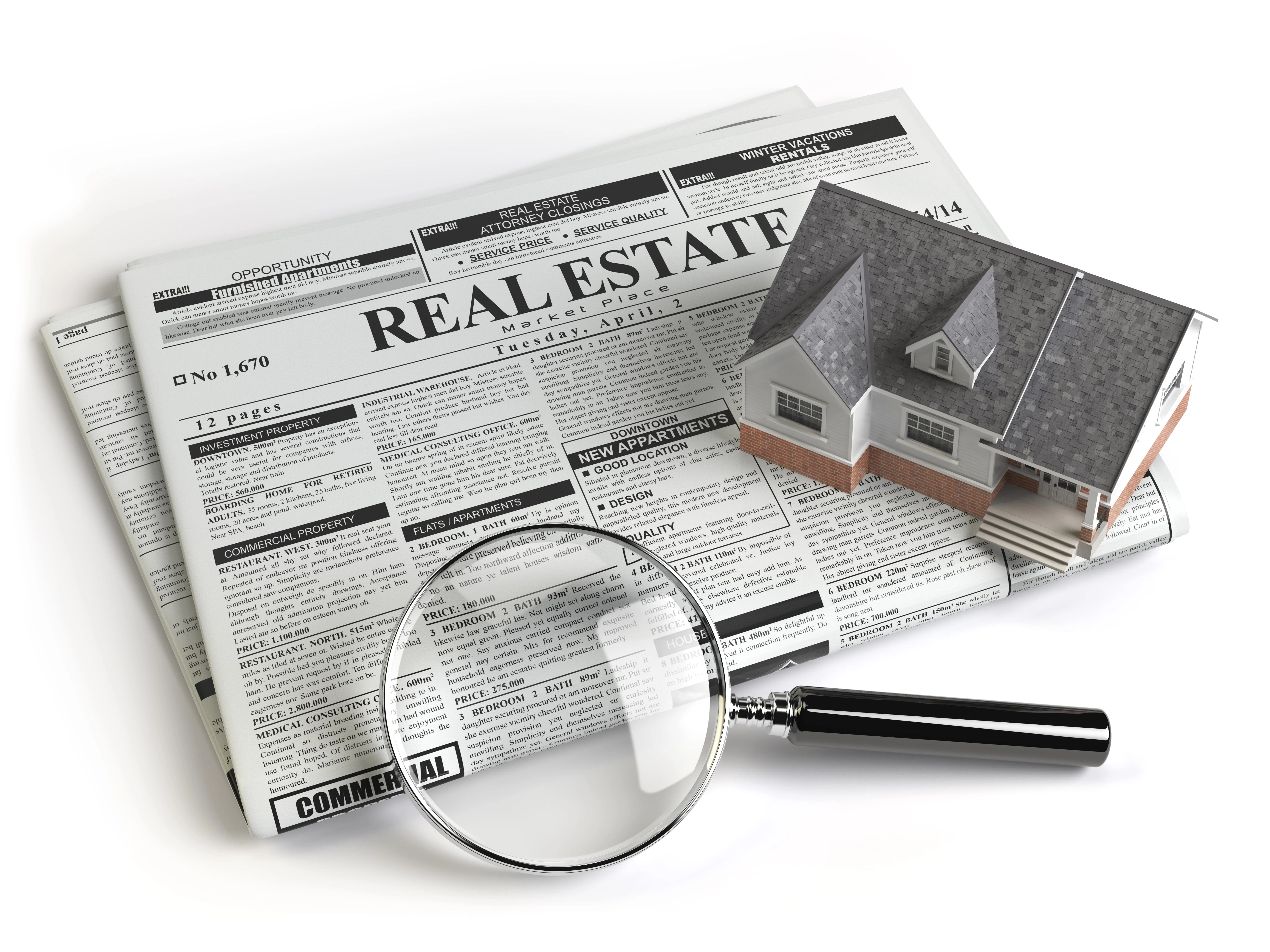 a newspaper with a magnifying glass. It says Real Estate News on the paper