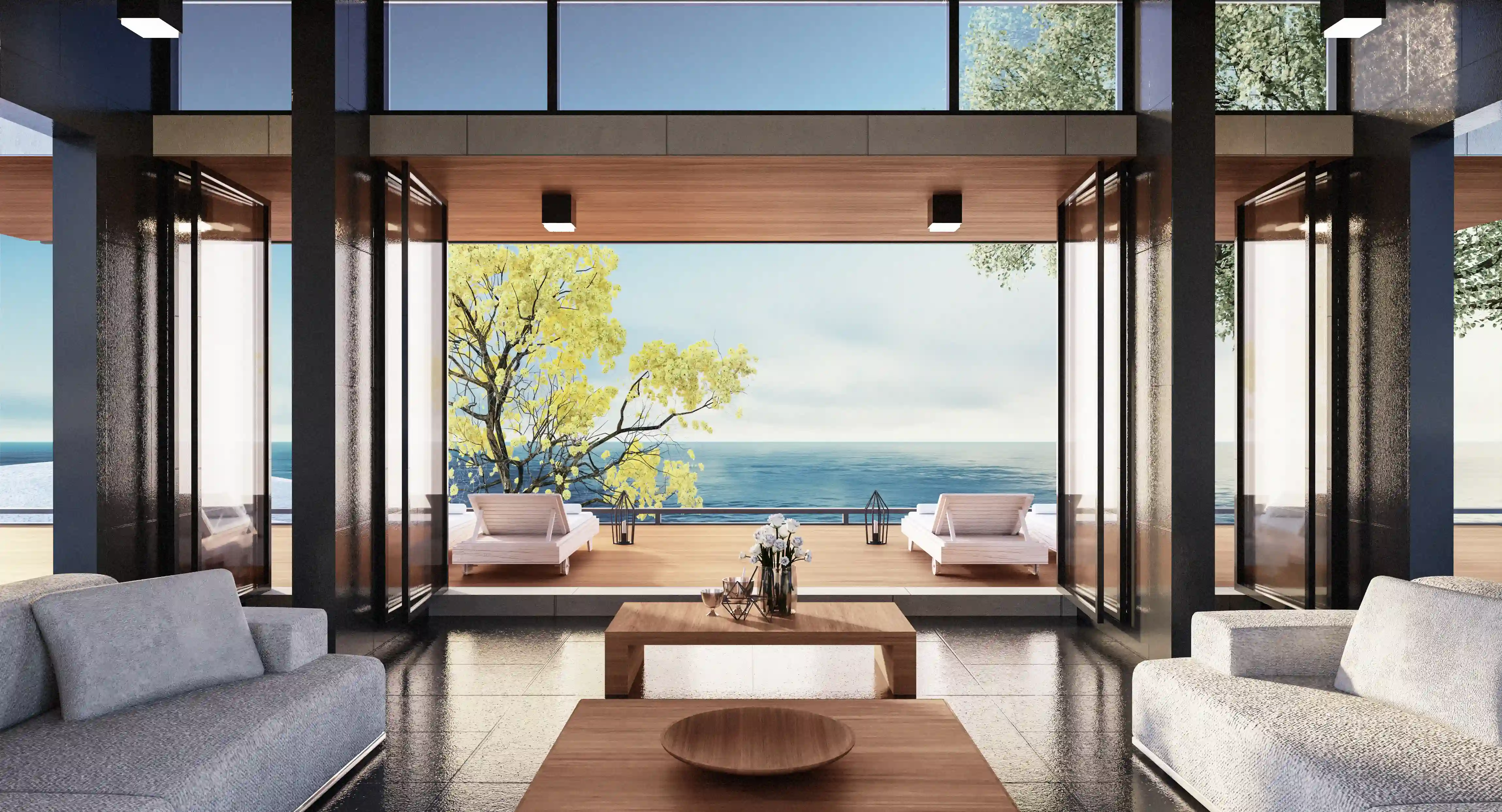 a view of the ocean from the living room of a modern luxury home