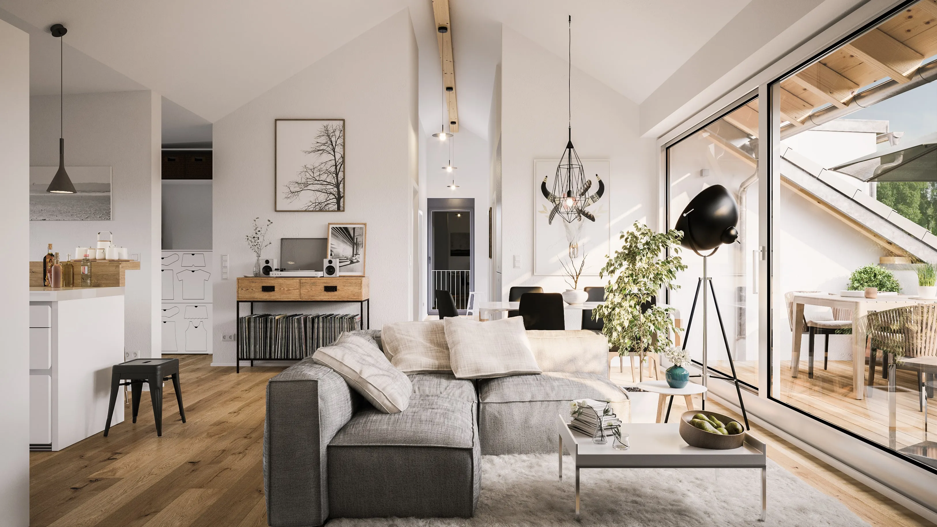 a side view of a living room with a couch and nice brown flooring