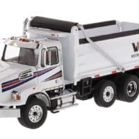 A white dump truck with the words " v-1 2 " on it.