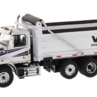 A white dump truck with the words " v-net " on it.