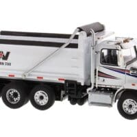 A white dump truck with the words " j & m 1 3 5 8 " on it.