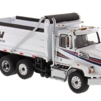 A white dump truck with the name " wtw " on it.