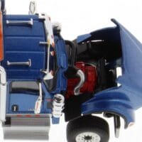 A blue truck with the hood open and engine exposed.