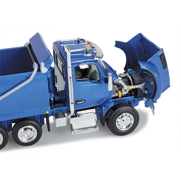 A blue dump truck with its doors open.