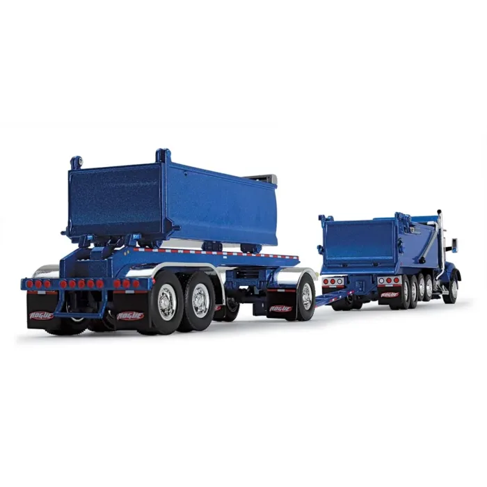 A blue dump truck and trailer on the road.