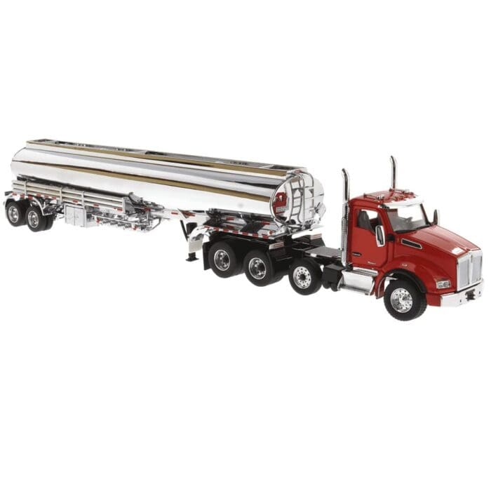 A red truck with a silver tanker trailer.