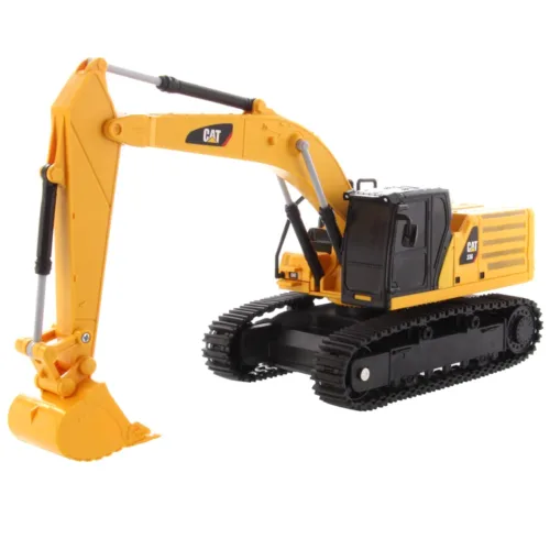 A yellow and black toy excavator is on the ground.