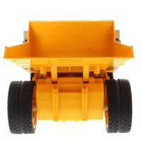 A yellow dump truck with wheels on the bottom.
