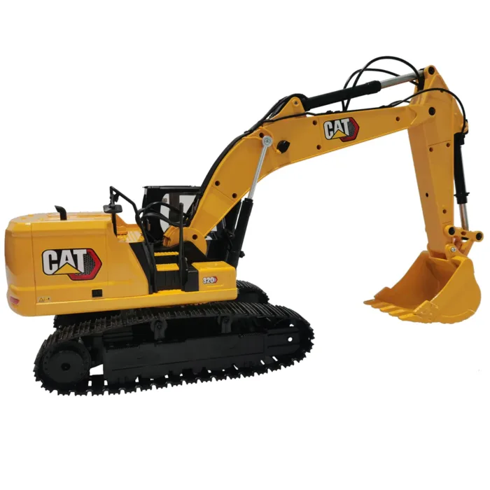 A yellow cat excavator with tracks and bucket.