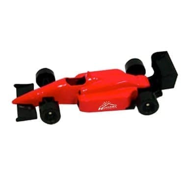 A red toy racing car is on the floor.